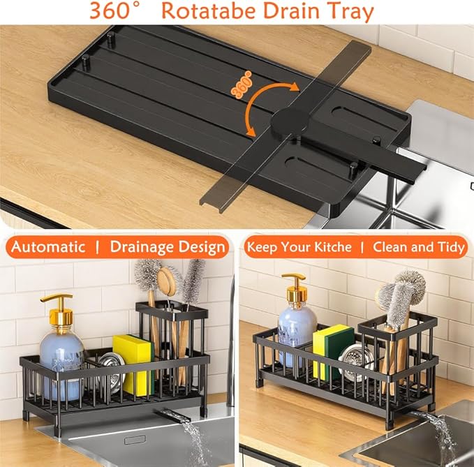 Black Sponge Holder for Kitchen Sink, Sink Caddy with Brush Holder Self-draining Sponge, Sturdy Rustproof Stainless Steel Kitchen Countertop Organizer for Soap Dispenser-NeatNest