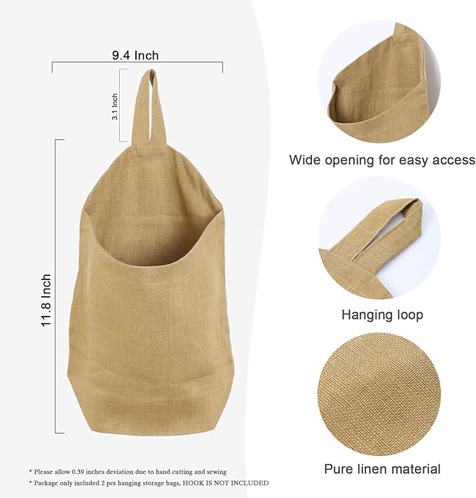 100% Linen Hanging Storage Bags Baskets 2 Pcs, Small Wall Storage Bag for Kitchen, Bedroom, RV Camper Organizer, Sewing Room, Nursery Storage, Kids Room, Dark Yellow