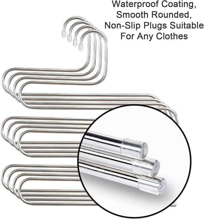 devesanter Pants Hangers Non-Slip S-Shape Trousers Hangers Stainless Steel & Rubber Clothes Hangers Closet Storage Organizer for Pants Jeans Scarf (6 Pack with 10 Clips)-NeatNest