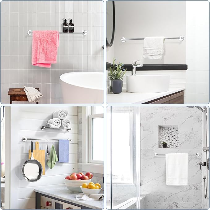 Adjustable Single Bath Towel Bar 16 to 27.6 Inch,ZUEXT Chrome Finished Stainless Steel Towel Holder Hanger,Retractable Wall Mounted Towel Rail for Bathroom Kitchen,1" Tube Towel Rail Rack w/S Hooks