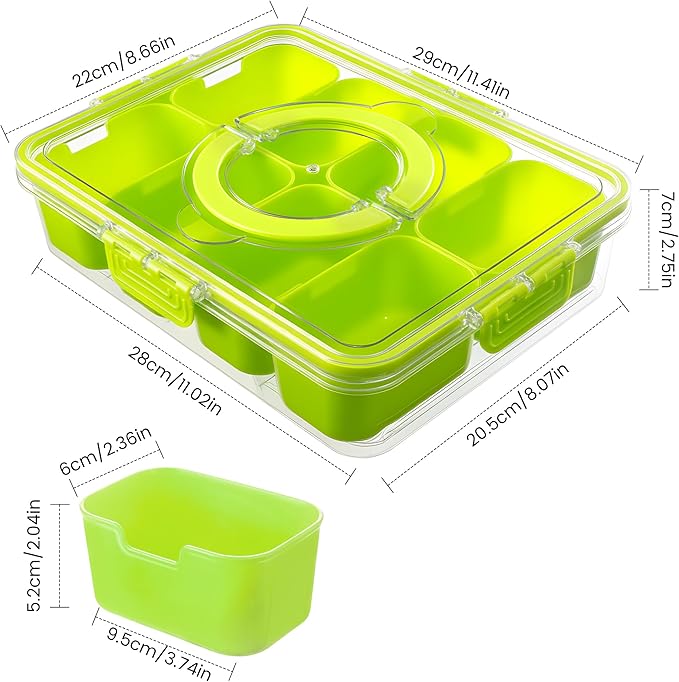 Divided Serving Tray with Lid and Handle - Snackle Box Charcuterie Container for Portable Snack Platters Organizer for Candy, Fruits, Nuts, Snacks - Perfect for Party, Entertaining, Green-NeatNest