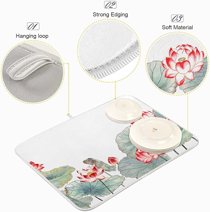 Absorbent Dish Drying Mat for Kitchen Counter - Watercolor Lotus Microfiber Drying Pad, Reversible Drainer Mats for Countertop, Small 16" x 18"