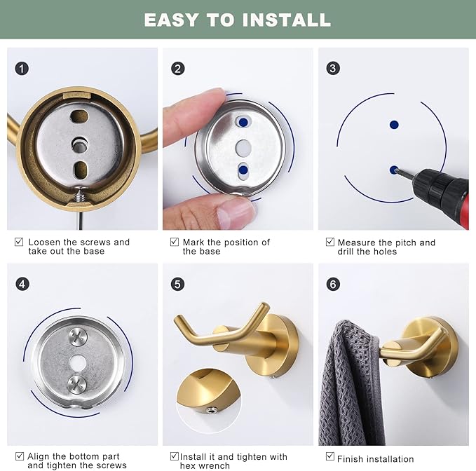 ARCORA Brushed Gold Towel Hooks, SUS 304 Stainless Steel Wall Hooks, Heavy Duty Robe Hooks 1 Pack, Modern Towel Hooks for Bathroom