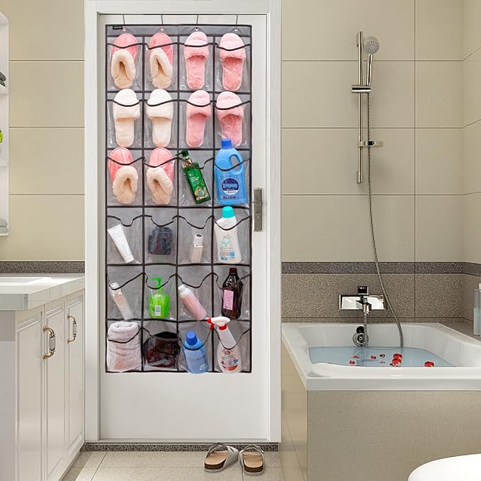 Over the Door Shoe Rack Organizer with 24 Clear PVC Pockets Hanging Pocket Organizer for Bedroom Bathroom Kitchen Stroage (24 Pockets-Grey)-NeatNest