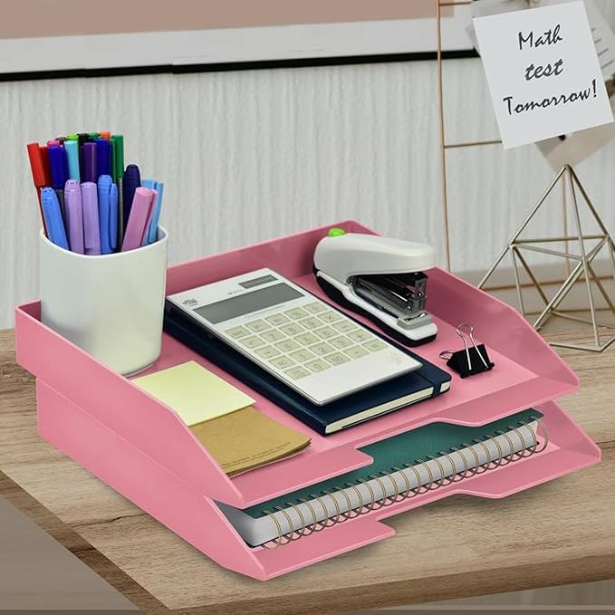 Acrimet Stackable Letter Tray 2 Tier Side Load, Plastic, Desktop File Organizer (Solid Pink Color)-NeatNest