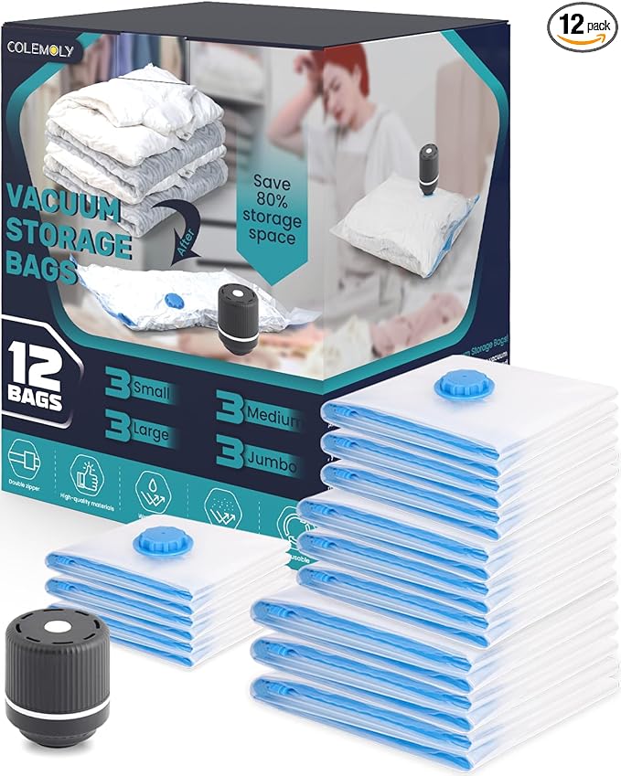 Vacuum Storage Bags 12 Pack - Vacuum Sealed Space Saver Bags for Travel with 1 Electric Pump (3 Jumbo/3 Large/3 Medium/3 Small)-NeatNest