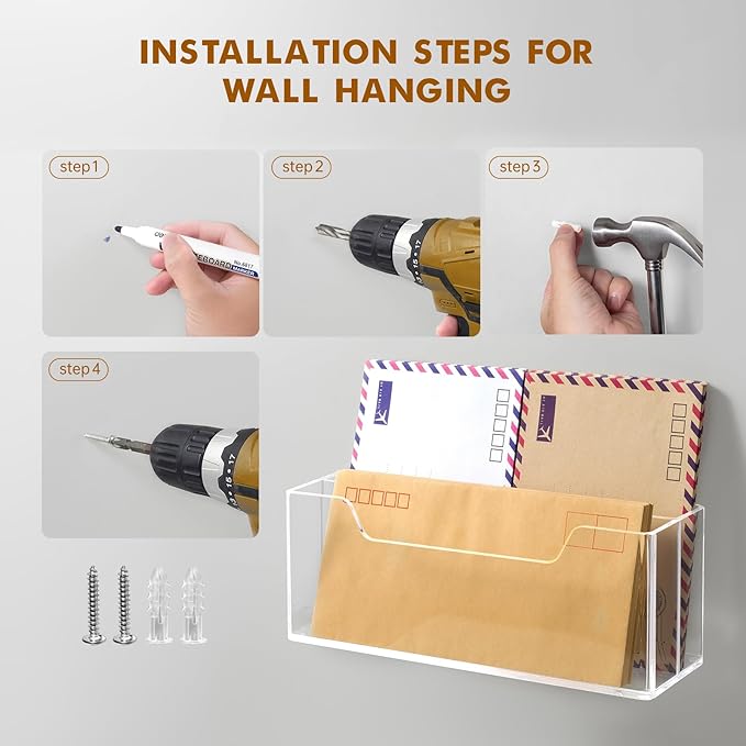 BEYGORM Acrylic Mail Organizer for #10 Envelopes, 2-Slot Wall-Mounted & Countertop Letter Holder, Clear Hanging Mail Rack for Home Office-NeatNest