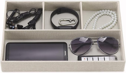 Desktop PU Leather Storage Rack, Proxy Parking tray, Dressing table Desktop Organizer, with 4 Compartments for Placing Mobile Phones, Remote controls, Cosmetics, Watches, and other Decorative trays.-NeatNest