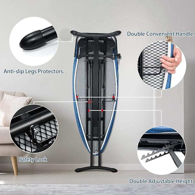 Duwee 18"x48" Deluxe Ironing Board with Retractable Iron Rest,Extra Wide Ironing Board Thicken Steel Top Board,with Sleeve Board,Adjustable Height,T Leg Foldable