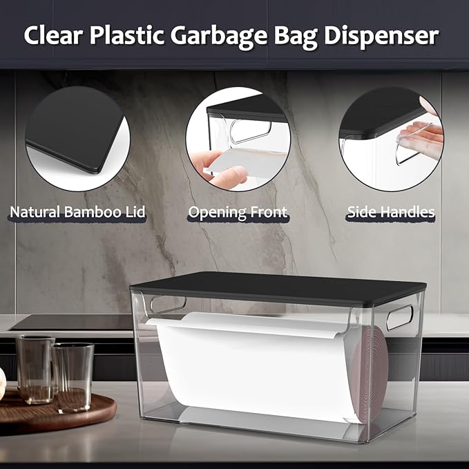 2 Pack Trash Bag Holder Under Sink Stackable, Plastic Garbage Bag Dispenser with Lid, Trash Bag Storage Dispenser Roll Holder for Kitchen, Pantry, Laundry Room Organization (Black Lid)-NeatNest