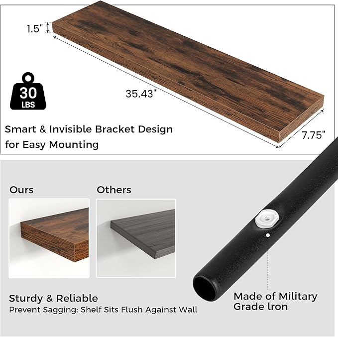 Floating Shelves for Wall, 36"W x 7.8"D x 1.5"H, 2 Pack of Long Wall Mounted Engineered Wood Shelves with Invisible Brackets for Living Room, Bedroom, Bathroom Kitchen Decor Storage, Rustic Brown-NeatNest