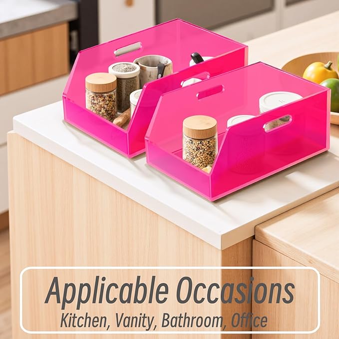 Gelite Stackable Storage Bin Organizer with Handles Acrylic Storage Container for Toy Pantry Kitchen Cabinet Bathroom Closet Office Organization, 11.4x7.5x5.1'', Neon Pink