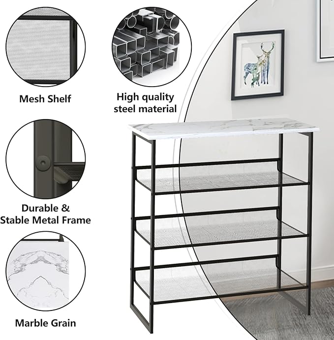 Garden 4 you 4 Tiers White Marble Shoe Rack,Freestanding Organizer Multi-Purpose Adjustable Flat and Slant Storage Rack Shoe Shelf, High Heels Potted Plant for Entryway Hallway Living Room Closet-NeatNest