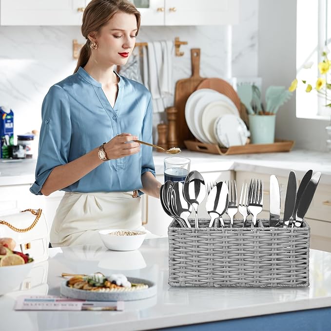 Ayiaren Grey Plastic Cutlery Silverware Holder Small Utensil Organizer Holders for Kitchen Counter Party Flatware Caddy Table Silverware Organizer Basket Spoon Knife Fork Holder Picnic Utensil Caddy-NeatNest