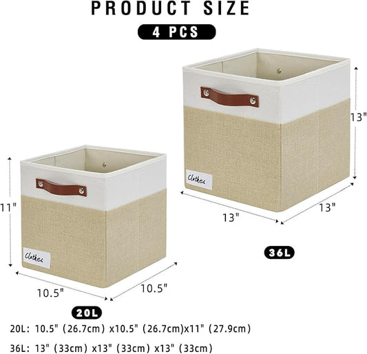 Collapsible Fabric Storage Cube Bins with 2 Reinforced PU Handles, Foldable Storage Organizer Baskets for Closet, Shelves, Living Room | 11"x11"x11", 4 Pack, Beige & White-NeatNest