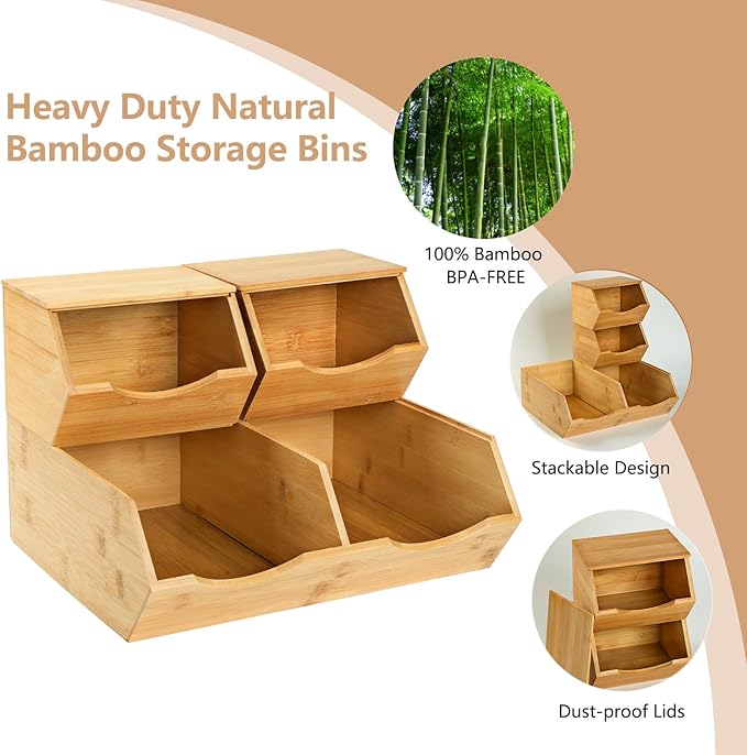 Bamboo Pantry Storage Bins with Lid - Stackable Baskets, Potato and Onion Storage, Wood Storage Bins for Pantry Baskets Organization and Storage, Kitchen Essential, Set 3 Pieces