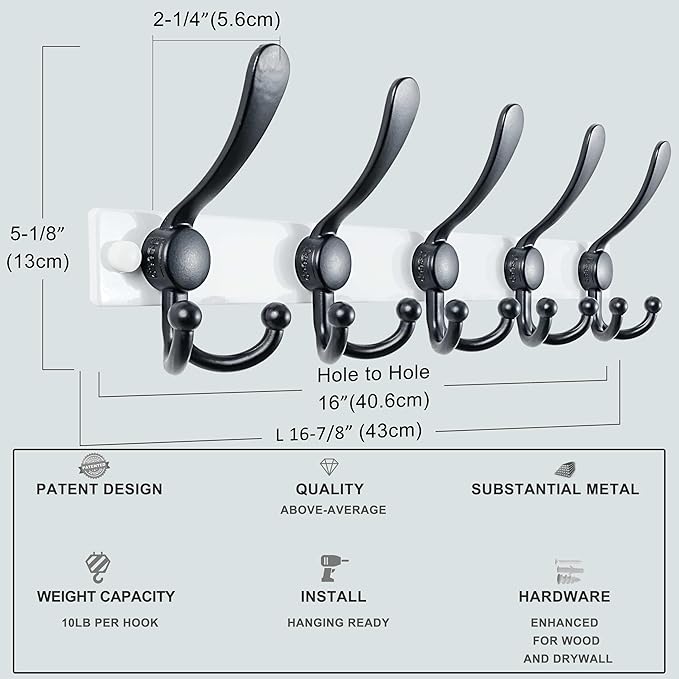 Dseap Coat Rack Wall Mount 2.0 Pro: Heavy Duty 300% Thicker, 16" Stud Mount, Stainless Steel Wall Coat Hooks Hanger for Clothes Jackets Hats Entryway Closet, MaxStrong Series, White & Black