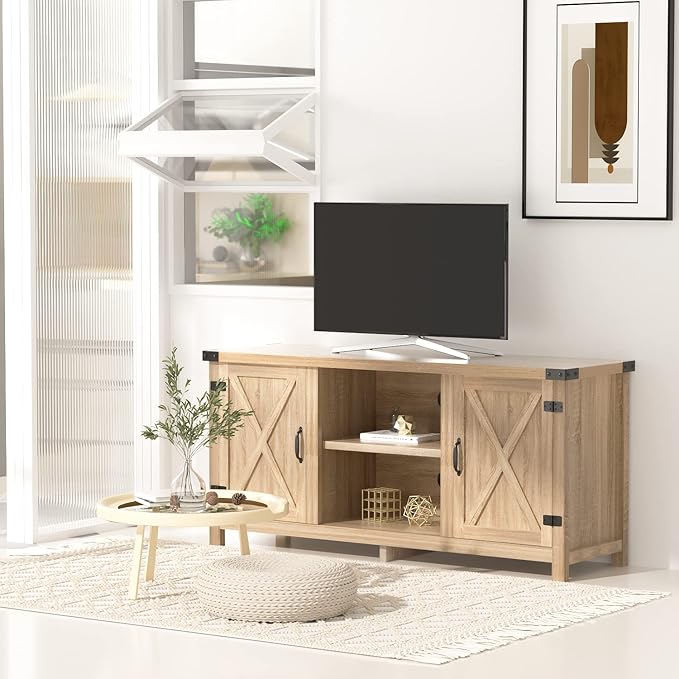 JUMMICO TV Stand, 65 Inch TV Farmhouse Entertainment Center with Double Barn Doors and Storage Cabinets, Console TV Table Media for Living Room, Bedroom (Pale Yellow)-NeatNest