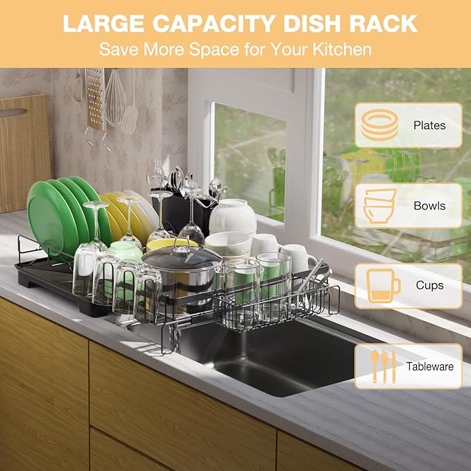 Dish Drying Rack Extendable Dish Rack Rustproof Carbon Steel with Drainboard & Cutlery Holder – Extra Large Capacity Dish Drainer Countertop Dish Strainer for Kitchen Utensils, Plates, Spoons & Forks