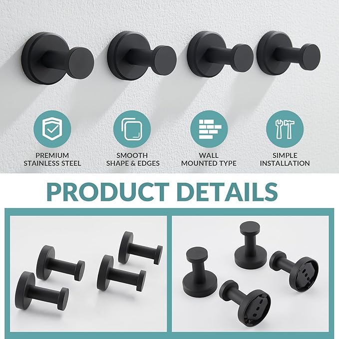 APLusee Matte Black Bath Robe Towel Hook 4 Pack, Stainless Steel Bathroom Coat Hook, Wall Mount
