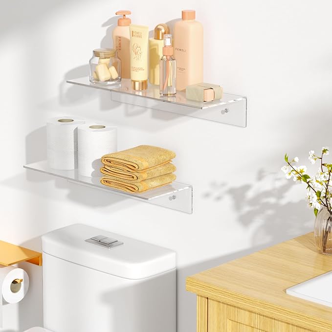 FEMELI 2 PCS 17" Acrylic Floating Shelves, Clear Shelf for Display, Plant, Perfume, Book in Bedroom Living Room Office, 5mm Thick Wall-Mounted Acrylic Shelves for Wall