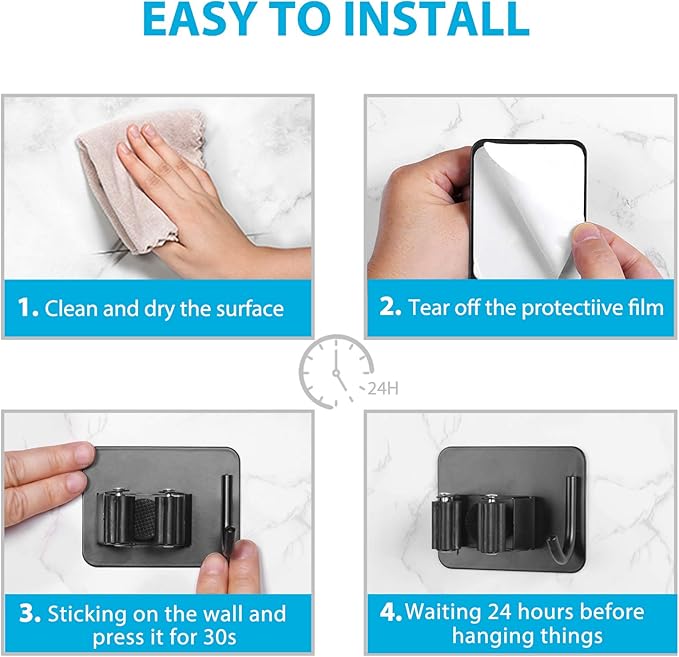 Mop Broom Holder No Drill, Mop Broom Organizer Wall Mounted Heavy Duty with Hooks Hanger, Self Adhesive Stainless Steel 4Pcs for Bathroom, Kitchen, Office (Black)-NeatNest