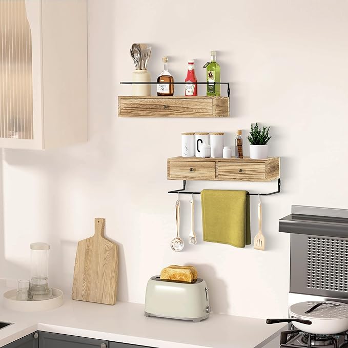 Floating Shelves - Wall Mounted Bathroom Shelf Set of 2 with Drawers, Rustic Wood Shelves for Bedroom, Living Room, Kitchen, Wall Decor, Plants, Books (Brown)-NeatNest