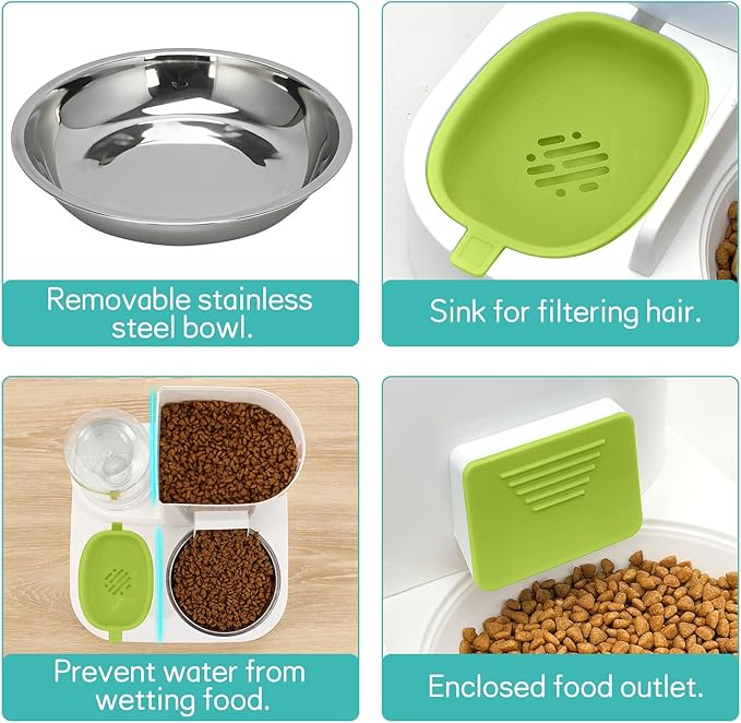 Fhiny Gravity Cat Feeder and Water Dispenser, 2 in 1 Automatic Pet Waterer Detachable Stainless Steel Food Bowls Set Pet Food Storage for Small Dog Puppy Cat Kitten Pet Easy Clean (Green)-NeatNest