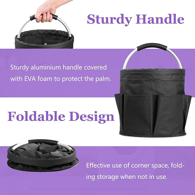 2Pcs Collapsible Cleaning Caddy with Handle, 17L Foldable Cleaning Supply Caddy, Bucket Tool Organizer in 600D Oxford Fabric, Multifunctional Storage Basket for Cleaning, Traveling, Black
