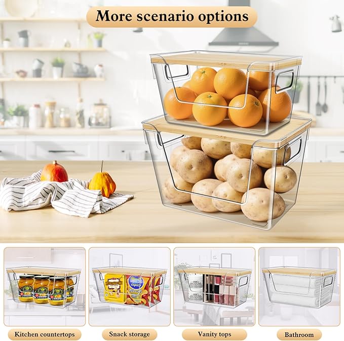 4 Set Pantry Organizers and Storage with Bamboo Cover, Fruit and Vegetable Can for Kitchen Organizer, Clear Front Open Bins with Handle Storage Bins for Potato, Onion, Garlic, Fruits, Vegetable