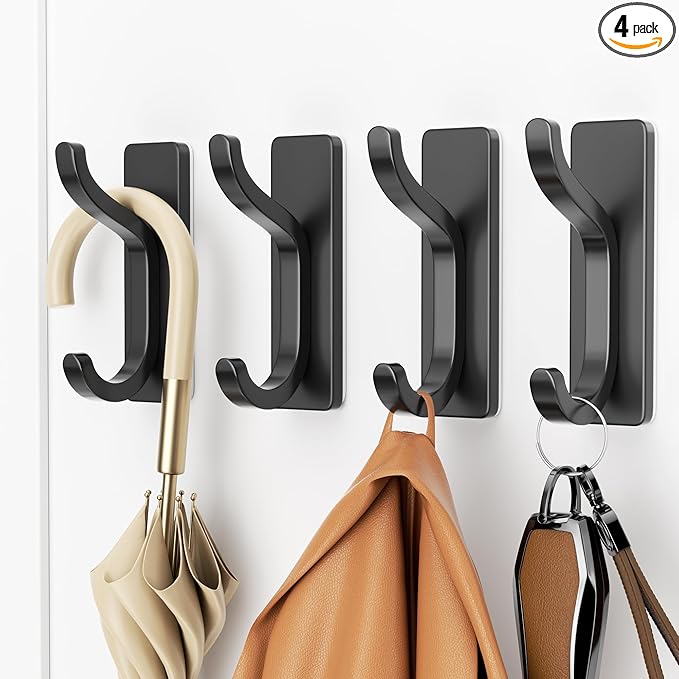 pickpiff Adhesive Wall Coat Hooks - Heavy Duty Stick-On Door Hanger, Black Metal Hook for Hanging Towel,Purse, Robe, Backpack, Jacket, Clothes - for Bathroom,Dorm, Closet, Kitchen - 4 Pack