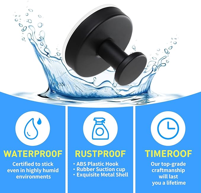 2 Pack Suction Cup Hooks for Shower, Exquisite Metal Shell & No Drill Towel Hooks for Bathroom Wall, Kitchen, Glass, Mirror, Tile to Hang Towels, Robes, Loofah - Matte Black