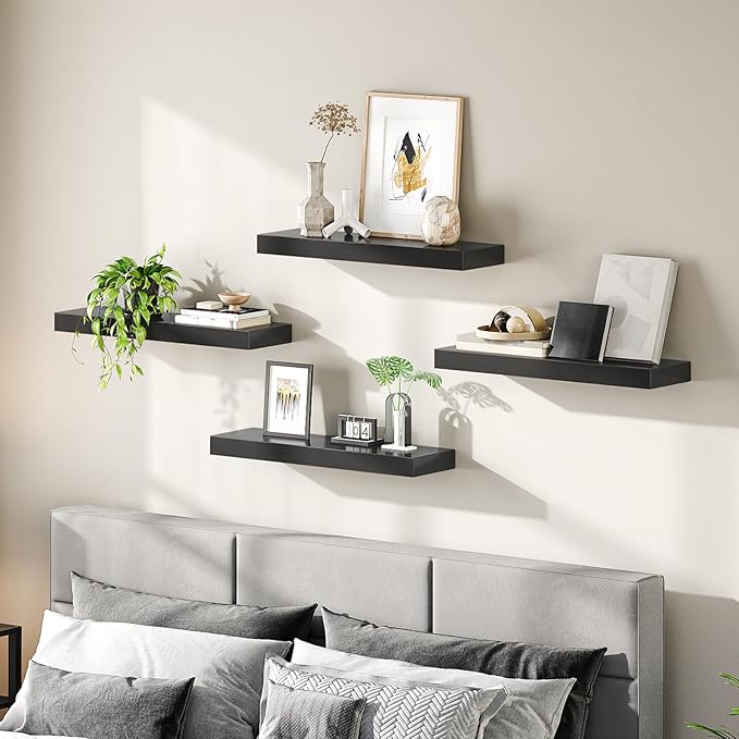 HOOBRO Floating Shelves for Wall, Wall Mounted Shelf Set of 2, 23.6" Hanging Shelf with Invisible Brackets, for Wall in Bathroom, Bedroom, Toilet, Kitchen, Living Room, Office, Black BK60BJ01-NeatNest