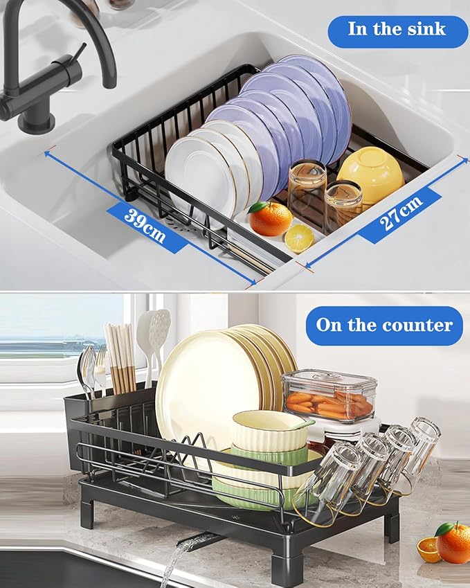 Dish Drying Rack with Drainboard, Dish Racks for Kitchen Counter, Stainless Steel Kitchen Dish Drainer with Cutlery Holder, Cup Holder, Rustproof, Easy Installation
