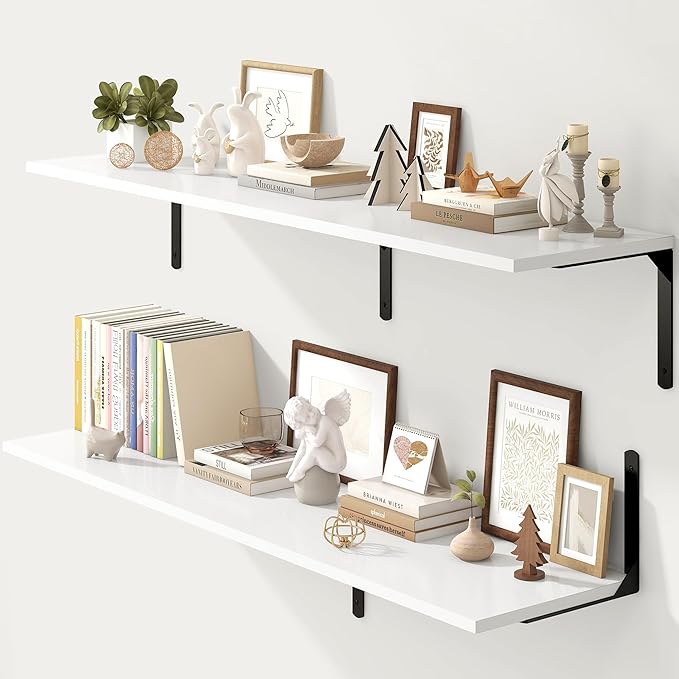 Fun Memories Floating Shelves for Wall, 12 Inch Deep Floating Shelves Set of 2, Wall Mounted Shelf with Metal Brackets, Rustic Wood Wide Shelf for Bathroom, Kitchen and Living Room, White, 55W x 12D-NeatNest