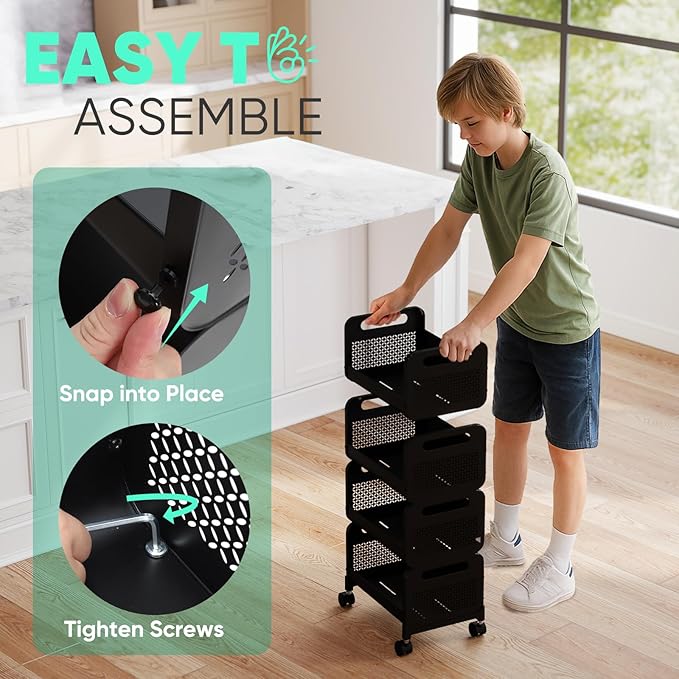 Sekey 4 Tier Rolling Cart Metal, Easy Install Kitchen Cart on Wheels with Storage, Heavy Duty, Lockable Wheels for Kitchen, Bathroom, Laundry Room, Black