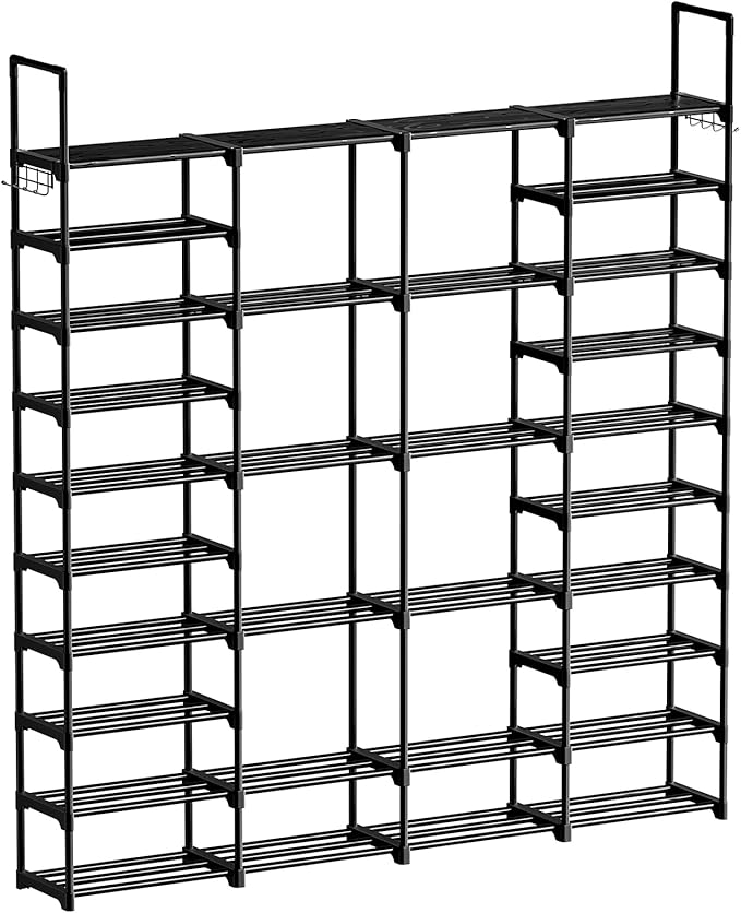 WOWLIVE 4 Row 10 Tiers Extra Large Shoe Rack 72-80 Pairs Big Tall Metal Shoe Shelf, Heavy Duty Organizer for Closet Entryway, Boot Rack Storage Stackable Stand for Garage Black-NeatNest