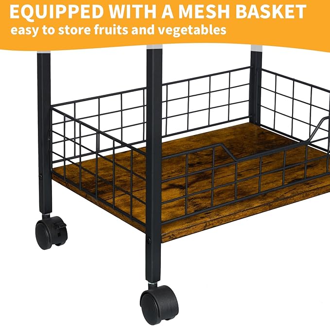 Microwave Cart with Storage, 3-Tier Rolling Kitchen Stand with Wire Basket, Wood and Metal Utility Cart on Wheels, Coffee Bar Station, Small Baker’s Rack As Kitchen Island, Microwave Shelf Organizer