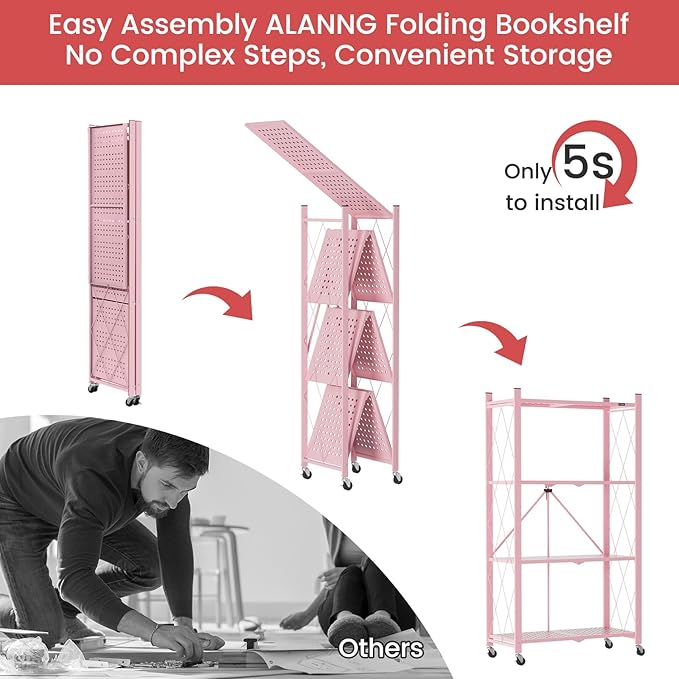 ALANNG 2-Pack Folding Bookshelf on Wheels, Cute Rolling Shelves for Bedroom, Colorful Storage Cart for Kids Rooms, Nursery, No Assembly Metal Book Shelf (4 Tier, Pink)