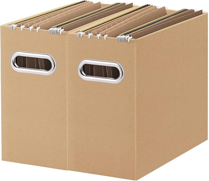 Oterri File Organizer, 2 Packs Small Storage Box, Cardboard File Folder Organizer, Collapsible File Box for Hanging File Folders Letter Size, Portable Filing Organizer with Handle (Brown)