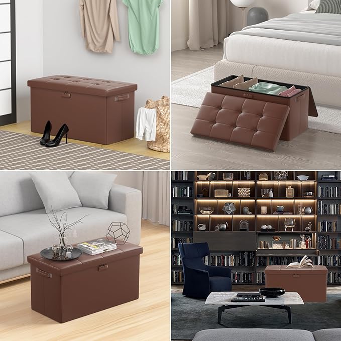 DocSafe Storage Ottoman Bench with Lock,Fireproof 30 Inches Folding Bench Foot Rest Stool Storage Chest Safe for Living Room,Bedroom,Home Office,Waterproof Leather Ottoman with Handles,Brown-NeatNest