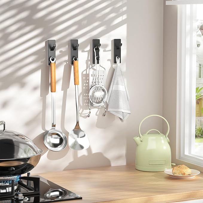 Black 6 Pack Aluminum Coat Hooks, Heavy Duty Self Adhesive Hooks for Hanging, 13LB Capacity, Bathroom Towel Shower Kitchen Door Hooks, 6 Pack-NeatNest