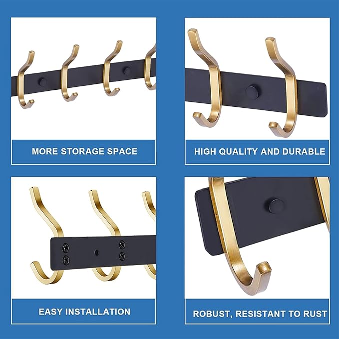 AZW Coat Rack Wall Mount,Heavy Duty Stainless Steel Metal Coat Hooks Hanging for Robes Bags Keys Hat Clothes and Bathroom Door Towels Hanger(Black and Gold 6 Hooks)-NeatNest