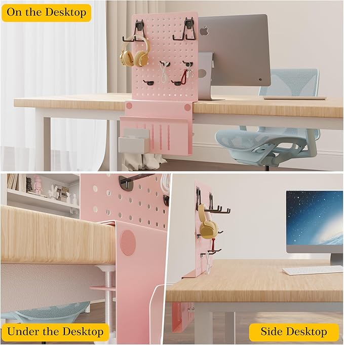 Desk Side Storage with Clamp-on Pegboard,Desk Side Storage,Steel Privacy Panel,No Drill Side Desk Organizer with Pen Holder,Table Side Organizer Laptop Holder for Office and Home (Pink)-NeatNest
