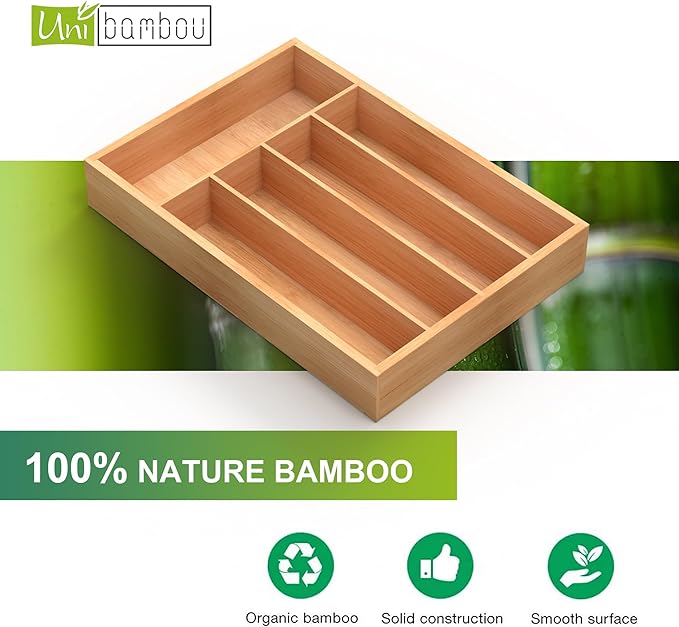 Bamboo Utensil Drawer Organizer, Kitchen Organizer for Flatware Cutlery, Silverware Tray for Drawer (5 Slots, Natural)-NeatNest