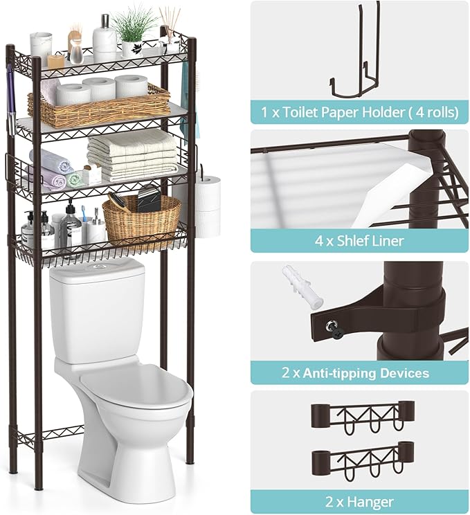 4-Tier Over Toilet Storage Shelf, Bathroom Organizer With Adjustable Freestanding Shelves, Space Saver Rack Above Toilet, Espresso