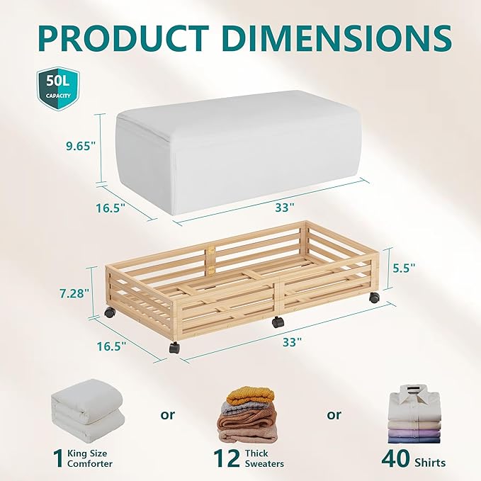 Bamboo Under Bed Storage Containers- Underbed Organizer with Wheels with Large Capacity Dust Bag,Sturdy Wood Rolling Under Bed Shoe Storage Organizer 2 Packs (Nature, 2 Packs (33.07"×16.54"))-NeatNest