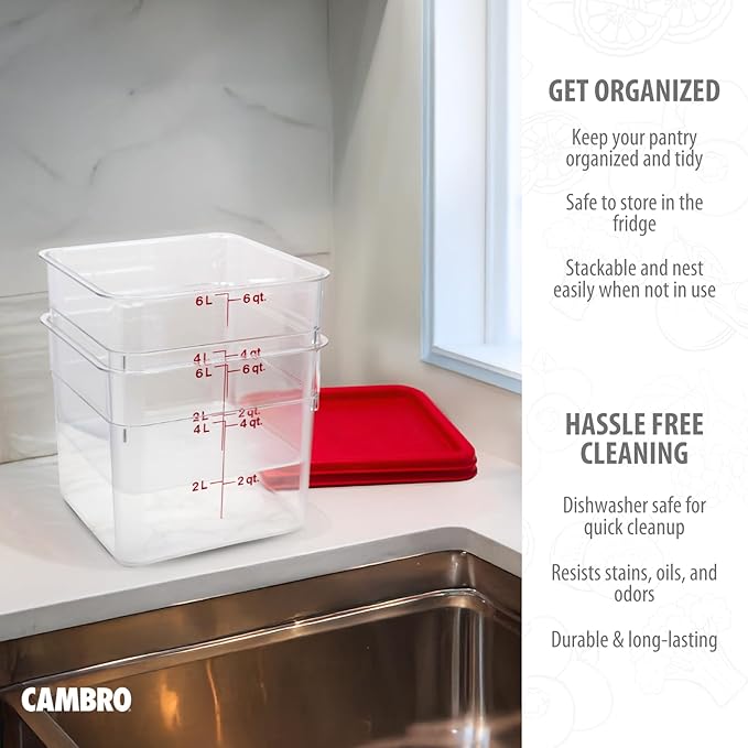 Cambro Food Storage Container with Lid (2 Pack) - Classic Series Square with Red Lid - 6 QT (Quart) - Commercial Grade for Food Prep (Clear)-NeatNest