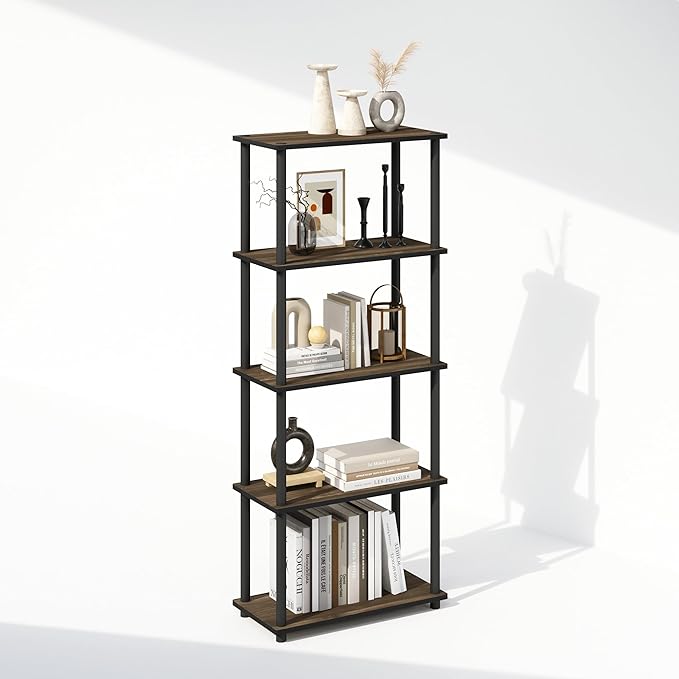 Furinno Turn-N-Tube 5-Tier Multipurpose Compact Bookcase, Columbia Walnut/Black-NeatNest