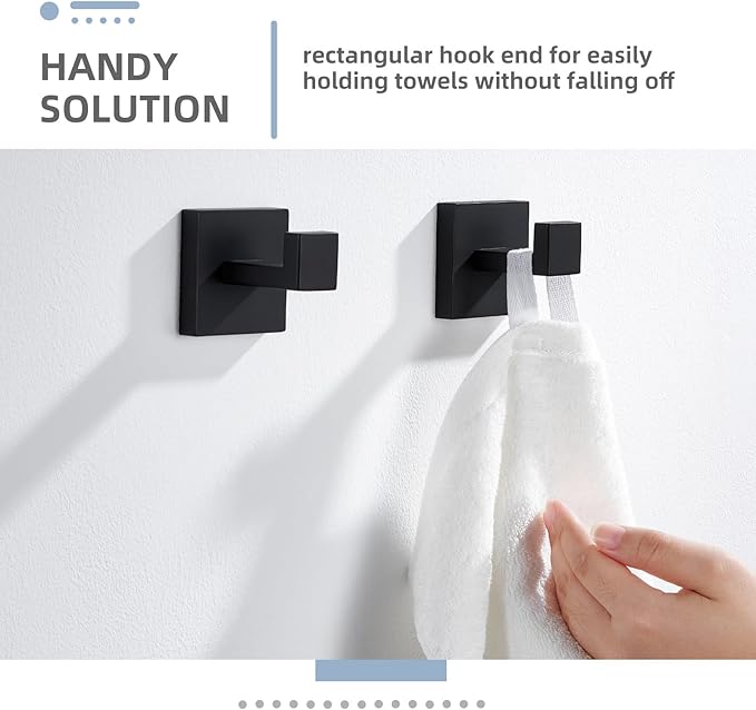 Angle Simple Matte Black Towel Hooks for Bathroom, SUS 304 Stainless Steel Square Wall Coat Hooks, 2 Pack